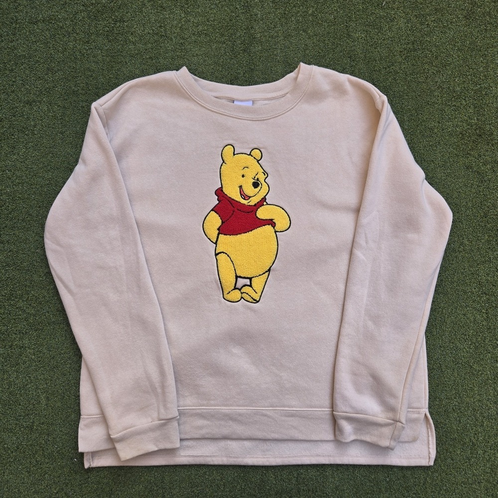 Winnie The Pooh sweatshirt Women's XL Beige Long Sleeve Chenille Patch